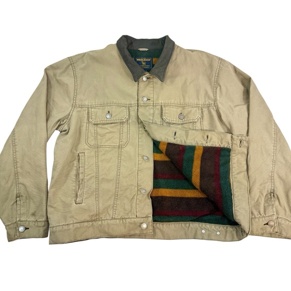Vtg Woolrich Mens Blanket Lined Tan Chore Work Trucker Jacket Barn Coat Sz LG - Picture 1 of 15